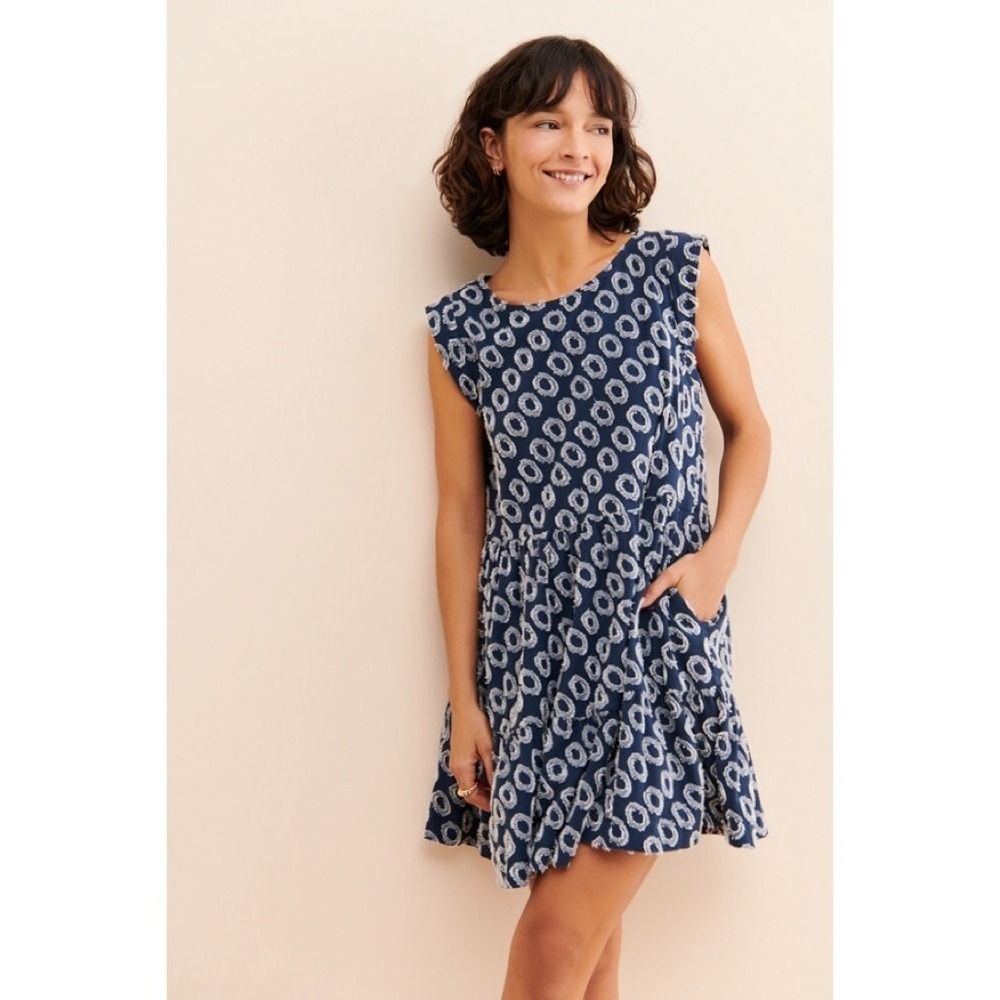 NWT!! Anthropologie MAEVE Lisanne Textured Tunic Tiered Dress Blue White X-Small